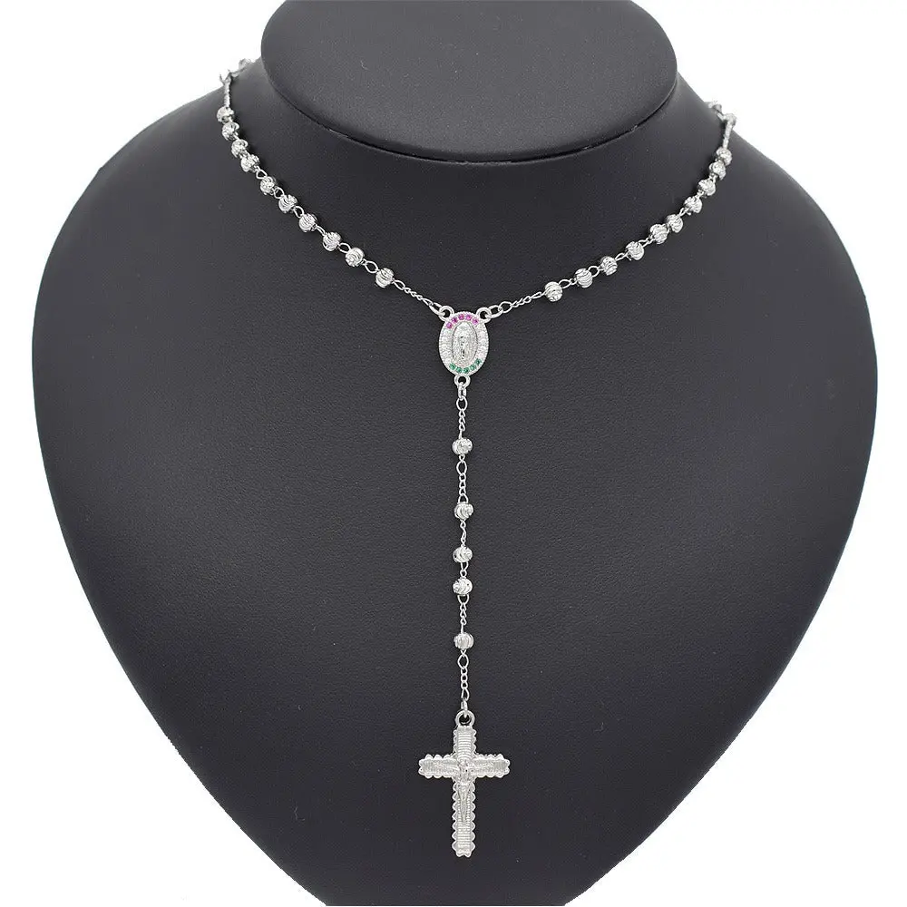 24-in Silver Layered Real Gold Filled Religious Rosary Necklace with Silver Cross Pendant, Adult Daily Wear Layered Necklace #13, Daily Wear Necklace