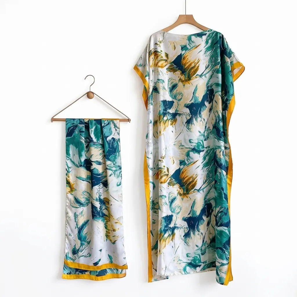 Women's Fashion Print Long Robe Set, Matching Moomoo Dress + Scarf Headband, Casual Woven Fabric, Beach Sun Protection,Ladies Clothes for All Seasons