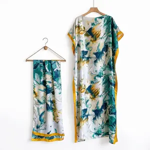 Women's Fashion Print Long Robe Set, Matching Moomoo Dress + Scarf Headband, Casual Woven Fabric, Beach Sun Protection,Ladies Clothes for All Seasons