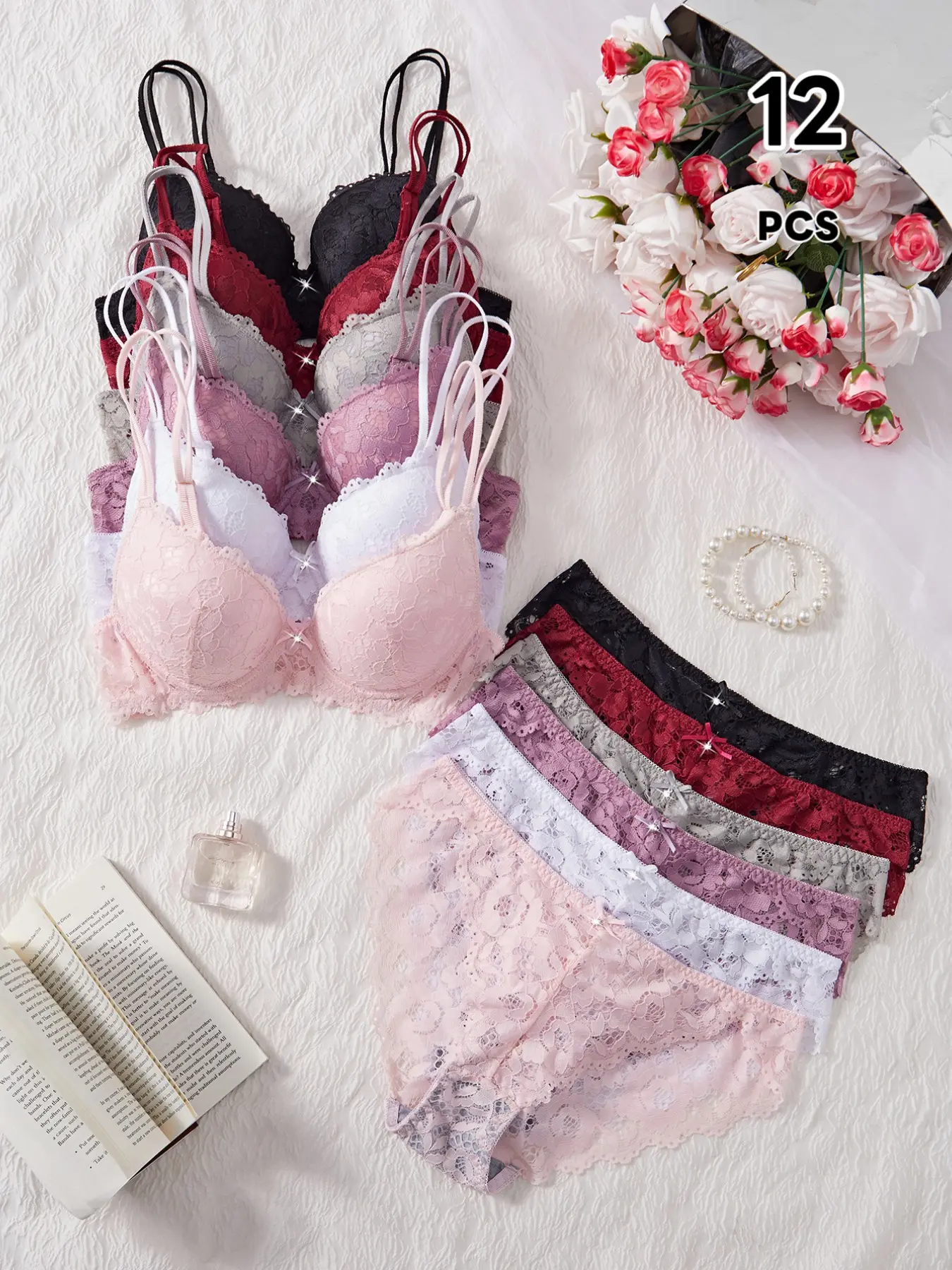 Women's Floral Lace Bra and Panty Set 12pcs, Underwear Women Sexy Push Up Lingerie Sets with Underwire, Elegant Everyday Wear, Comfortable and Stylish
