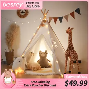 besrey Kids Tent, Teepee Play Tent with Lights and Padded Mat, Portable Cotton Tipi for Indoor Reading and Playtime