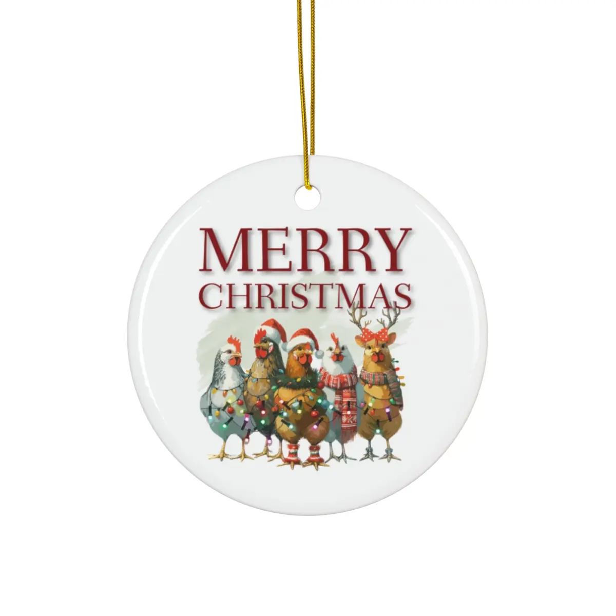 Chickens in Christmas Lights and Santa Hats Chicken Farmer Round Ceramic Christmas Ornament Tree Decoration