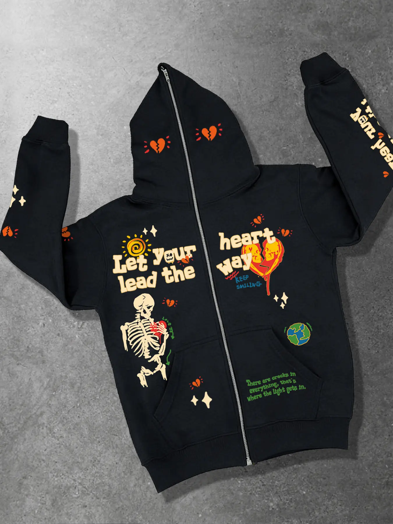 Cartoon love men and women wearing zippered cardigans hooded sweatshirts for men's street life, casual hooded jackets, autumn and winter warm hoodies with fleece, skull sparkling stars, Heart, Instagram style sui