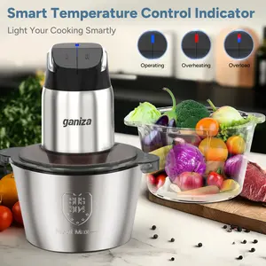 Ganiza Food Processor with 8 Cup Glass Bowls & 8 Cup Stainless Steel 2-Speed Food Chopper Meat Grinder Upgraded Button & Smart Overheat Protection Light - Includes Clean Brush 2 Sets of Blades
