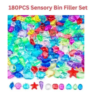 180PCS Sensory Bin Filler Set – 100 Plastic Gemstones & 80 Fake Seashells for Kids, Pirate Treasure & Mermaid Pool Play, Ocean Theme Party Supplies for Crafts, Sensory Bins & Activities