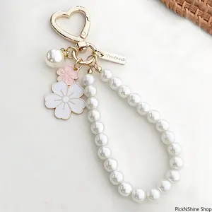 Cherry Blossoms Fan Keychain with Pearl Chain Pendant, Women's Car Key Ring, Headphone Case Charm, Bag Charm Fashion Accessory, Bag Charms
