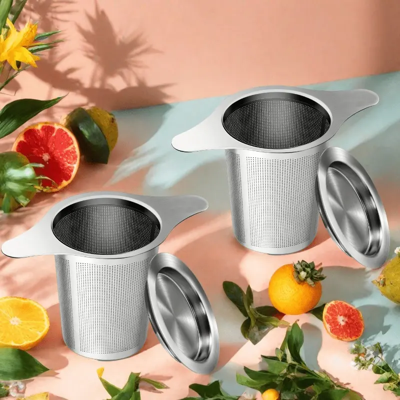 4pcs (Tea Strainer +with Lid) Stainless Steel Tea Infuser with Dual Handles - Durable Mesh Filter, Suitable for Loose Leaf Teas, Herbs, And Spices, Ergonomic Design, Easy to Grip