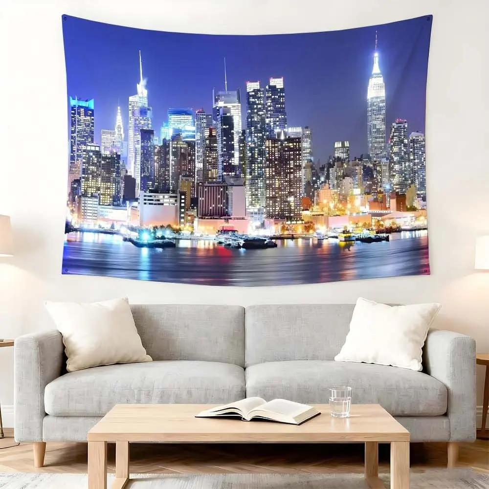 1 Pc Cityscape Night View Wall Polyester Print Tapestry Modern Home Décor Living Room Background Fabric Home Textile Festival Party Hanging Art Urban Skyline Decor Blue Tone Tapestry Room Aesthetic Enhancement