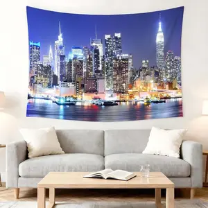 1 Pc Cityscape Night View Wall Tapestry Modern Home Décor Living Room Background Fabric Festival Party Hanging Art Urban Skyline Decor Blue Tone Tapestry Room Aesthetic Enhancement