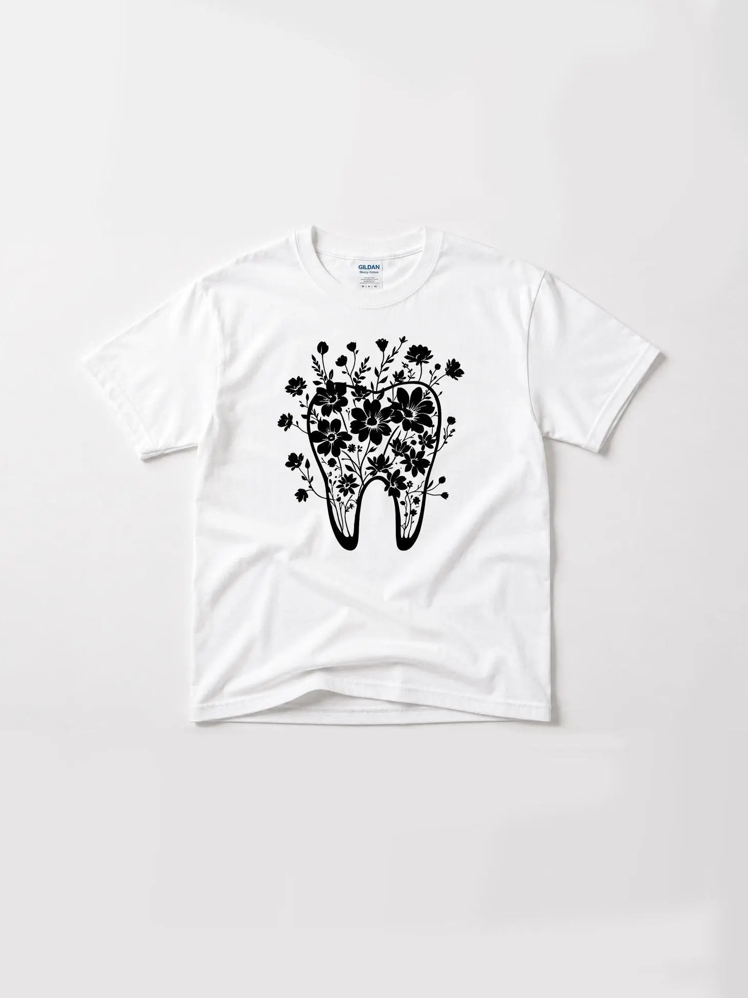 Women's Floral Tooth Cotton Top, Casual Classic Dentist Gift, Jeans-Matching Dental Professional T-Shirt