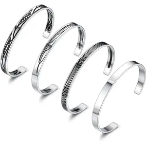 MILACOLATO 4Pcs Stainless Steel Bracelet Men's Cuff Bracelets Silver Cuff Bracelet Leaves Pattern Twisted Open Cuff Bracelet for Men Daily