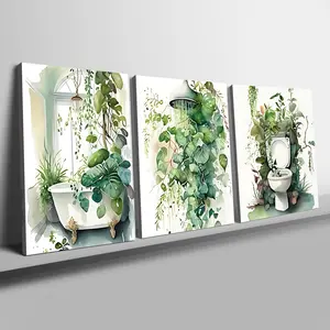 Plant Bathroom Wall Art Set, 3 Counts/set Modern Watercolor Plant Toilet & Bathroom & Window Design Canvas Painting with Frame, Wall Art for Home Bathroom Decor, Poster, Modern Floral Paintings