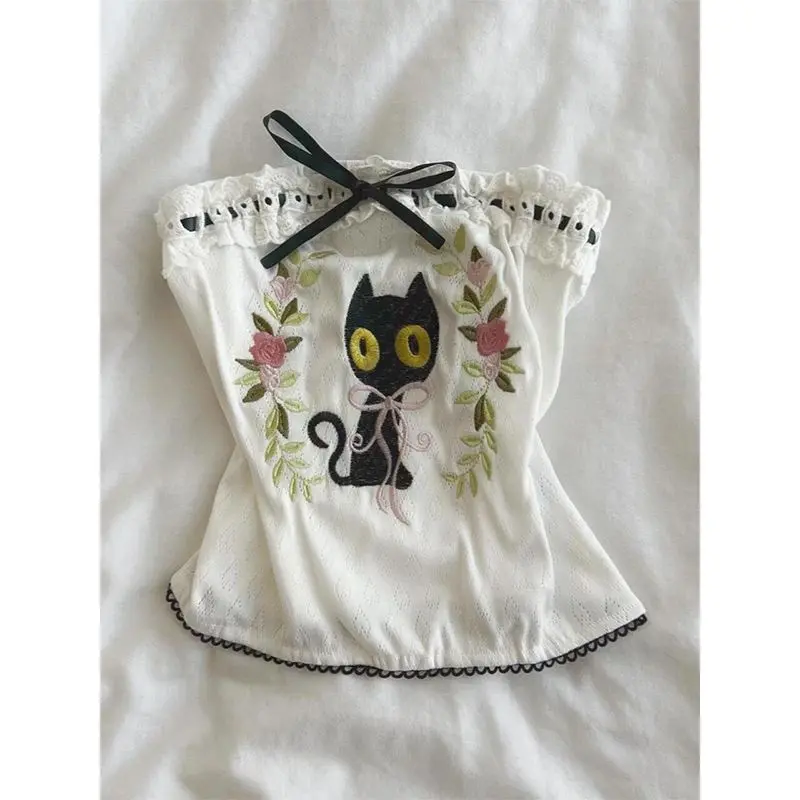 TOP  Sweet Bow Cat Embroidery Strapless Vest Women 2025 Summer Chic Slim Fit Short Tank Top Y2k Fashion Outwear Ropa Mujer subculture COOL