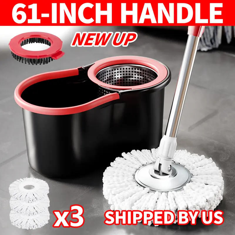 Mop Bucket Set with 360° Spin Mop and Bucket System 3 Microfiber Heads 61In Adjustable Handle for Shop Floor Cleaning