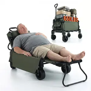 2-in-1 Heavy Duty Folding Garden Wagon Cart - Converts to Lounge Chair - 360° Swivel All-Terrain Wheels - Portable Utility Cart for Camping, Garden,summervibes