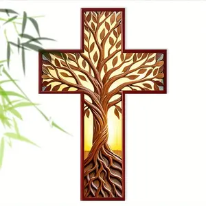 Vintage Tree of Life Wooden Cross Mural - Pastoral 8x12 inch hanging decoration for home, office, kitchen, hallway - indoor/ outdoor religious decoration - ideal gift for priests, holiday decoration, wooden wall decoration
