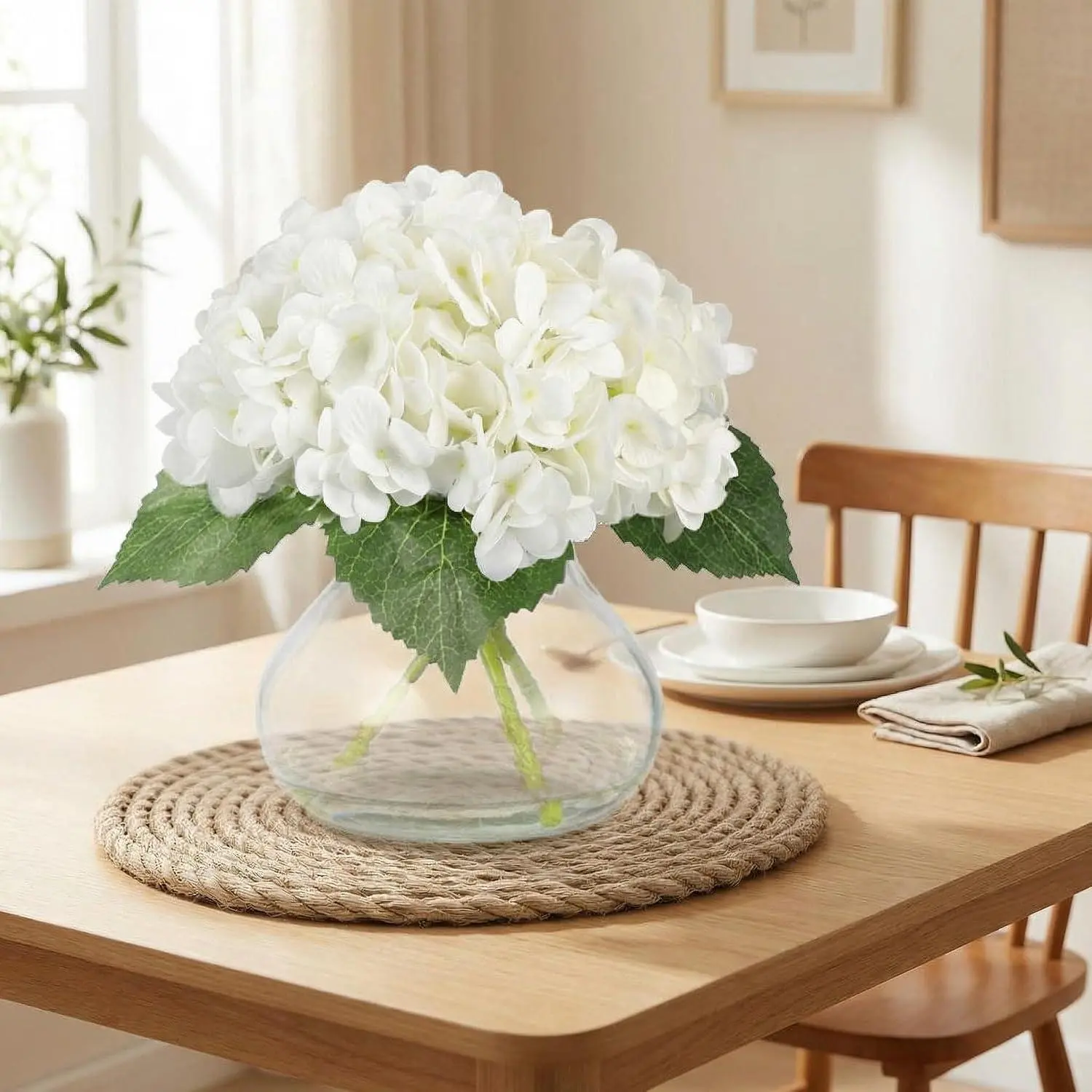 Garvee Lightweight Colorful Artificial Hydrangea Silk Flower Bouquet Set with Glass Vase & Faux Water - Realistic White Faux Floral Arrangement Centerpiece, Ideal Gift for Home Table/Shelf/Bathroom Decoration