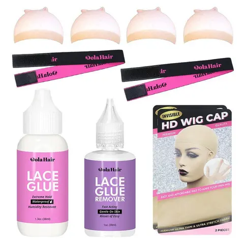Dolahair Multi-Pack Lace Front Wig Install Kit for Adults - 1 Lace Glue, 1 Glue Remover, 2 Melting Bands, 4 Wig Caps, Waterproof Strong Hold Adhesive for Hot & Humid Days, Easy Removal, 1 Lace Glue 1 Glue Remover 2 Melting Band 4 Wig Caps