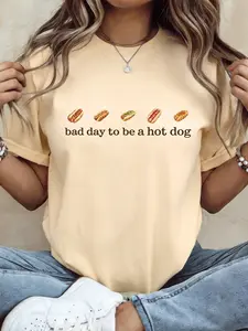 Funny Hot Dog Food T-Shirt Womenswear Top, Casual Comfortable Fit for Hot Dog Lovers, Ideal Gift for Food Enthusiasts, Spring Summer Loose Round Neck Short Tee