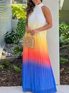 Women's Ombre Gradient Pleated Maxi Dress, Vacation Sleeveless Dress for Beach Holiday Vacation, Ladies Summer Clothes