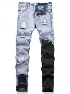 Men Ripped Frayed Bleach Wash Jeans