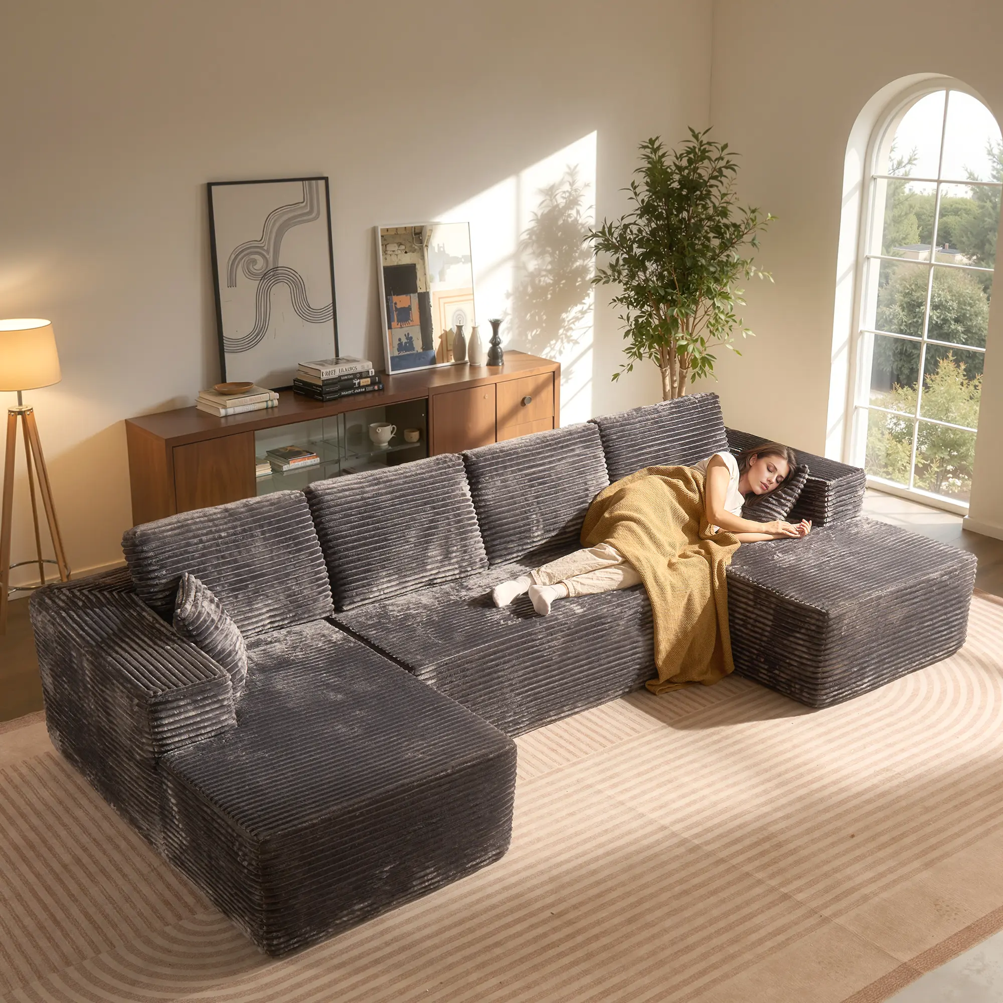 Grey Plush Corduroy with 2*Chaise