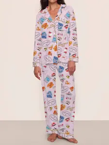 Women's Stars Hollow Gilmore Girls Print Pajama Set, Casual Long Sleeve Shirt & Pants Two-Piece Sleepwear, All Seasons Comfortable Fit Loungewear