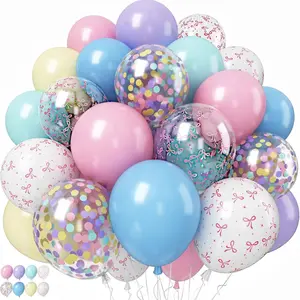 Pink bow balloons, rainbow balloon birthday decorations, 53 pieces of 12 inch pink bow printed balloons with 2 plain ribbons, children's confetti balloons, girls' princess bridal gift party decorations