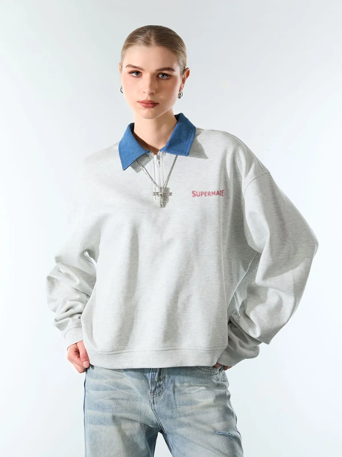Thesupermade Denim Lapel Patchwork Sweatshirt | Dropped Shoulder Contrast Collar Streetwear Top Men Women