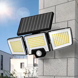 Solar Motion Sensor Outdoor Light 3-Head 300 LED Security Floodlight with Remote Control IP65 Waterproof Adjustable Wall Lamp Solar Powered Exterior Light for Garden Garage Yard Porch Driveway