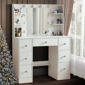 Vanity Desk with HD Mirror & LED Lights, Makeup Table with 6 Shelves, 7 Drawers, Vanity with Extra Stroage Shelves for Bedroom,White