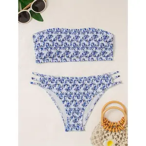 Floral Print Women's Bikini Set - Off-Shoulder, High-Waisted Two-Piece Swimsuit with Ruched Detail, Stretchy Polyester/Elastane Blend, Machine Washable, Vacation Attire|Ruched Detail Swimwear|Comfortable Knit Swimwear, High Waisted Bikini Set