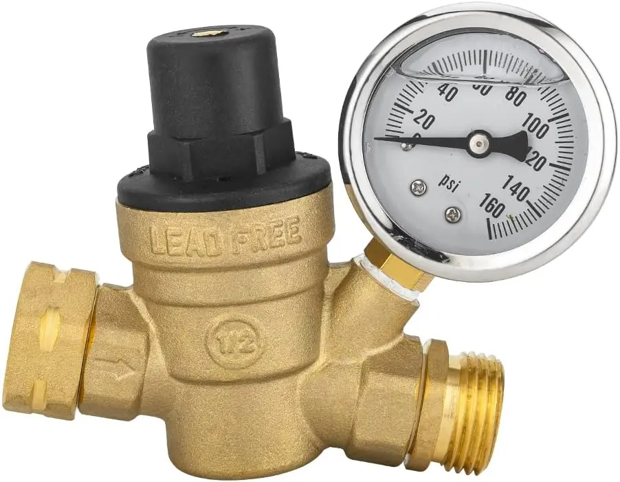 RV Water Pressure Regulator Valve, Adjustable Water Pressure Reducer with Gauge and Inlet Screen Filter for RV Camper Travel Trailer,(TOOL029)