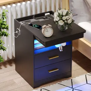 Miuvanity Nightstand Gun Drawer with USB & Type-C Port, LED Light, Modern Design for Office & Bedroom Storage, Includes Charging Station Bedside Table