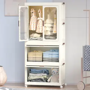 Portable Wardrobe Closet Organizer with Drawers, Magnetic Doors, 4 Cube Sections, Hanging Rod, 10 Hangers, Large Foldable Armoire for Clothes Storage, Easy-Assembly Indoor Furniture for Families