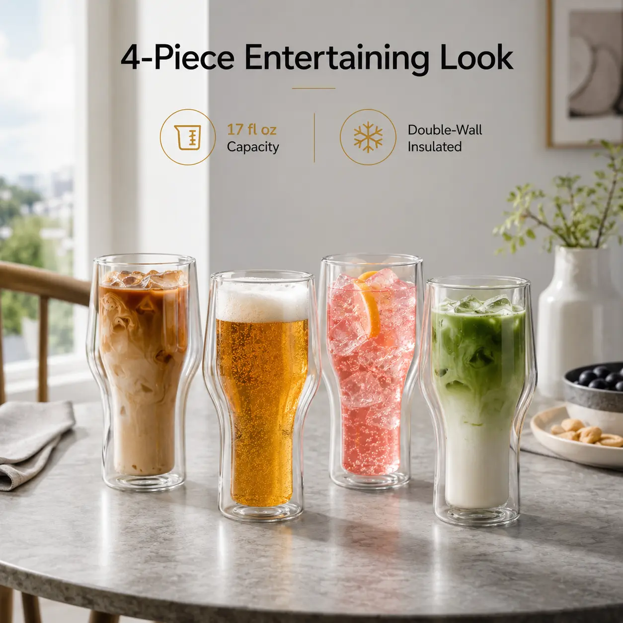 16.9oz Double Wall Insulated Glass Tumbler Glasses (Set of 2) - No Sweat, Durable, Comfortable to Hold, Funny Design, Keeps Drinks Cold Longer - Bottle Opener Included, Gift for Coffee Lovers, Game Day Bar Kitchenware