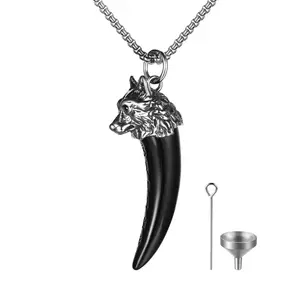 OIDEA Wolf Tooth Urn Necklaces for Ashes: Black Viking Wolf Cremation Jewelry for Ashes Stainless Steel Ash Necklace for Human Ashes Memorial Keepsake Jewelry Gifts for Men Women