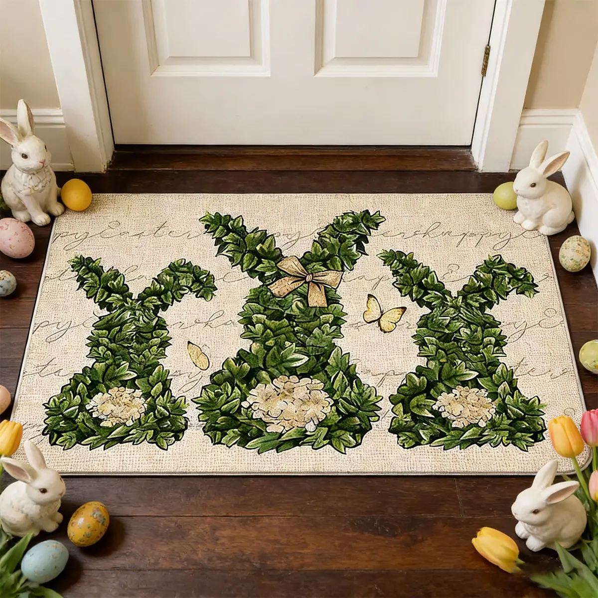 Easter Door Mat Three Rabbits Design, No Fleece Rug, Easter Gift, Holiday Home Decor Carpet, Suitable for Entryway Hall Bedroom