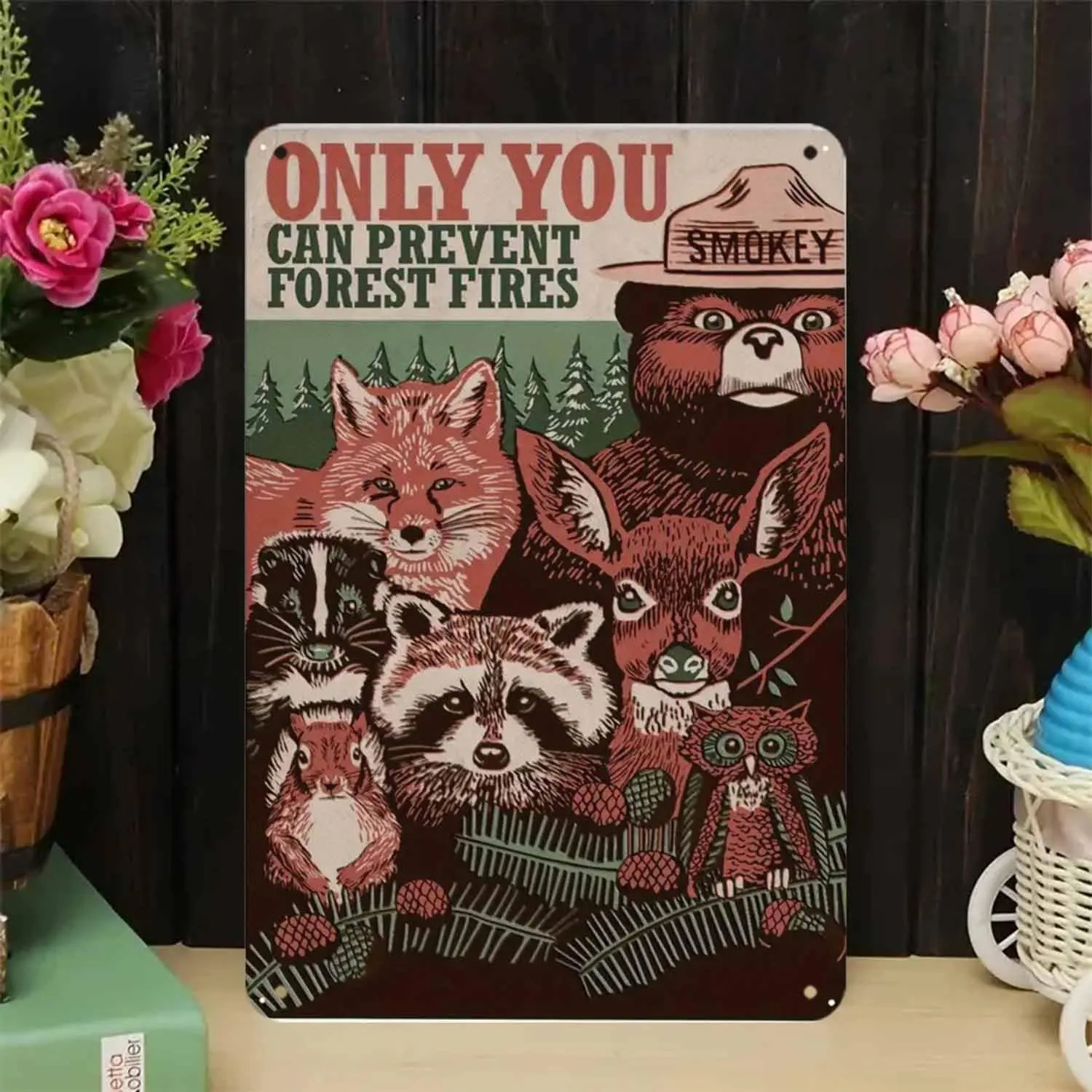 Smokey Bear Retro Nature Metal Sign Print, 8x12 in Lightweight Home Wall Decor, 2025 Fashion Resin Middle Finger Ghost Statue for Bedroom Bathroom, Artistic, Decorative