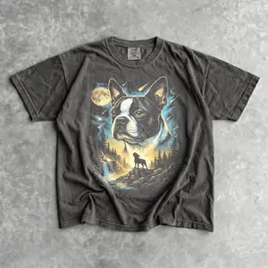 Boston Terrier Howling Moon T-Shirt - Men & Women's Unisex Graphic Tee - Vintage 90s Dog Meme Shirt - Funny Dog Momma Tee - Retro Top