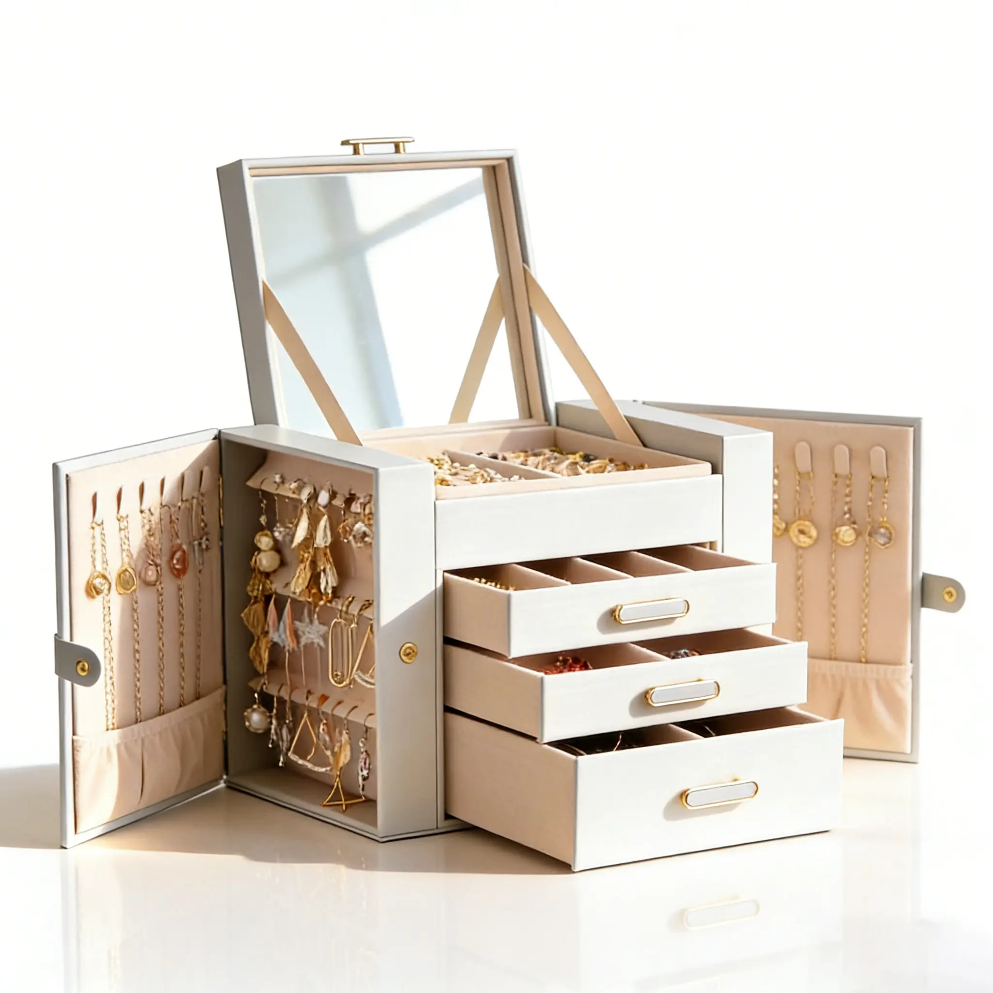 BOOVO Pearl White 4-Tier Women's Jewelry Organizer Box - Large PU Leather Storage with Double Doors, Mirror, 3 Side Drawers, Compartment, Anti-tarnish Felt Lining, Rose Gold Hardware, Gift for Moms, Anniversaries, Earring, Bedroom, Dresser Organization