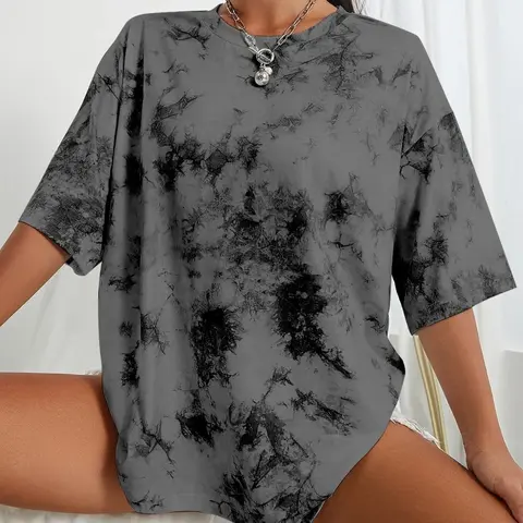 Women's Tie-Dye Loose Fit Drop Shoulder Short Sleeve T-Shirt, Streetwear Street Style Sporty Top, Casual Fashion Tee for Daily Wear, Loose Fit Tees