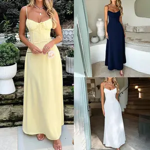 Women Maxi Dress Summer Slim Fit Elegant Spaghetti Strap V Neck Adjustable Straps Breathable Backless Open Back High Slit Ruched Ruffle Pleated