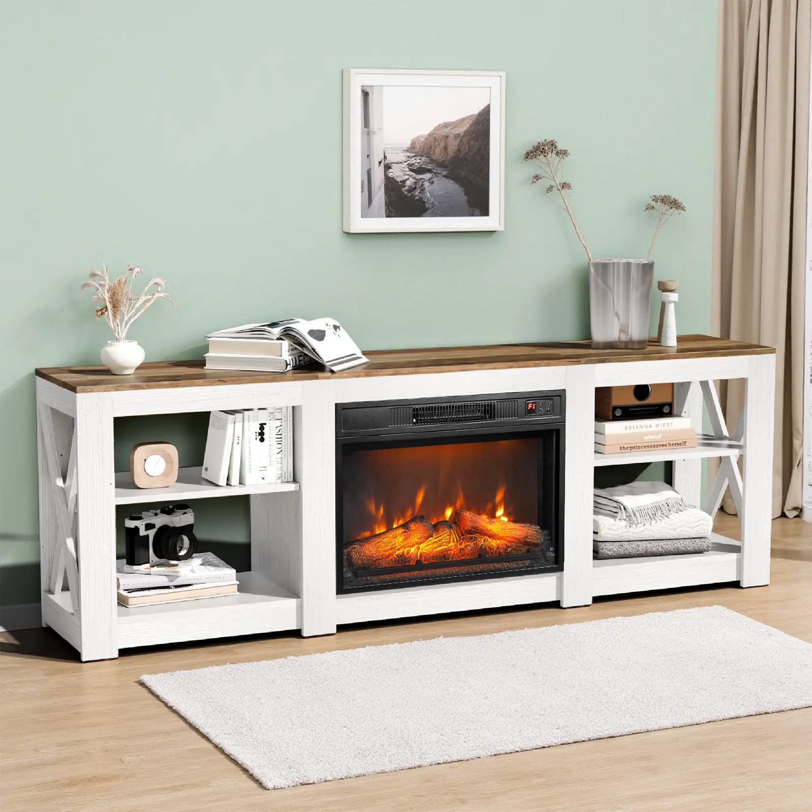 【No fireplace insert】Washed white cabinet body with retro brown top, 177.8*34.5*60cm. Embossed density board with triamine. Three-section double-sided cross. Suitable for 23-inch fireplace core. Fireplace TV cabinet.