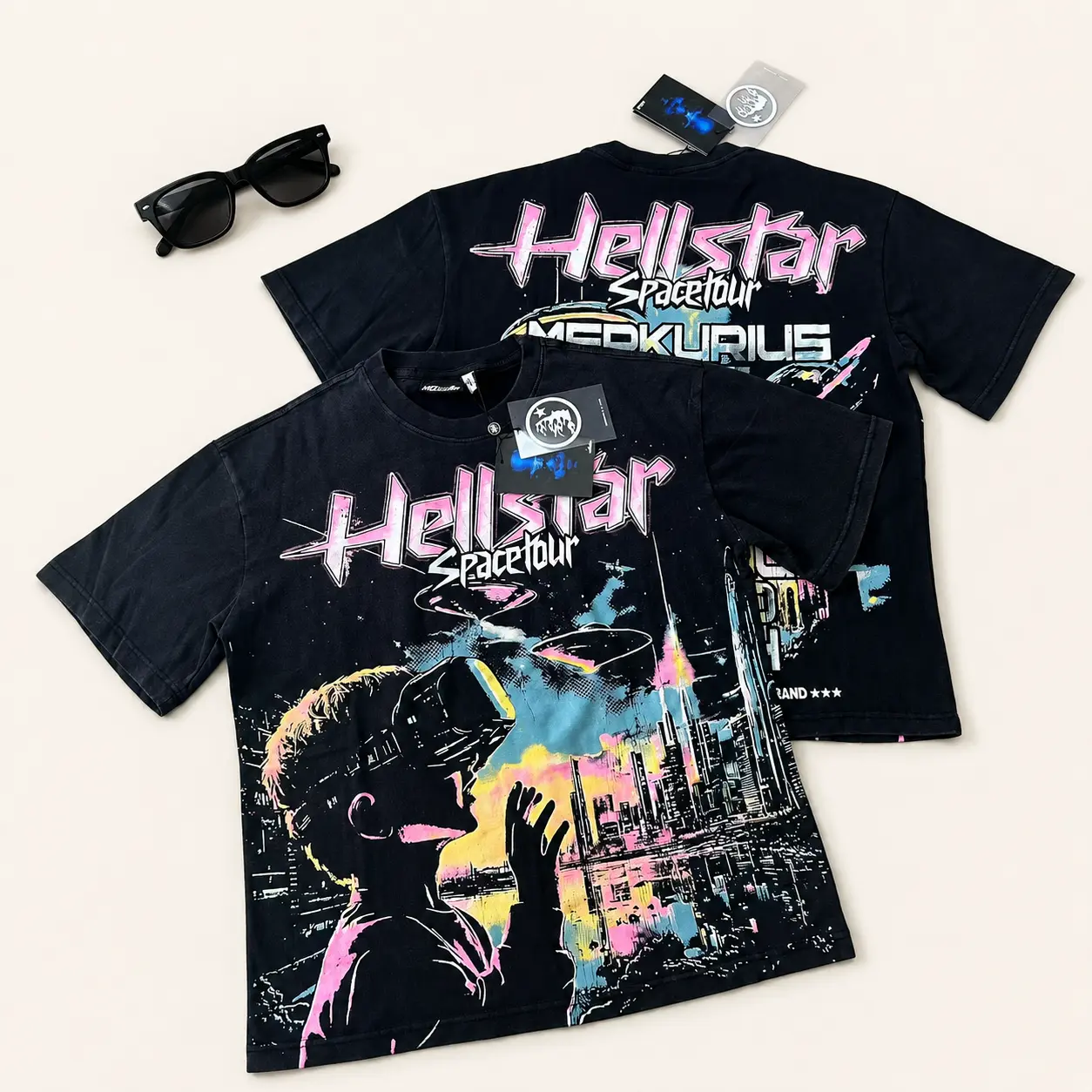 Unisex Oversized Black Short-Sleeve Graphic T-Shirt - Hell Star Space Tour Print, TikTok Viral Futuristic Streetwear, Y2K Cyberpunk Techwear, Opium Harajuku Rap Outfits for Summer Rave Festival (Sports Top)