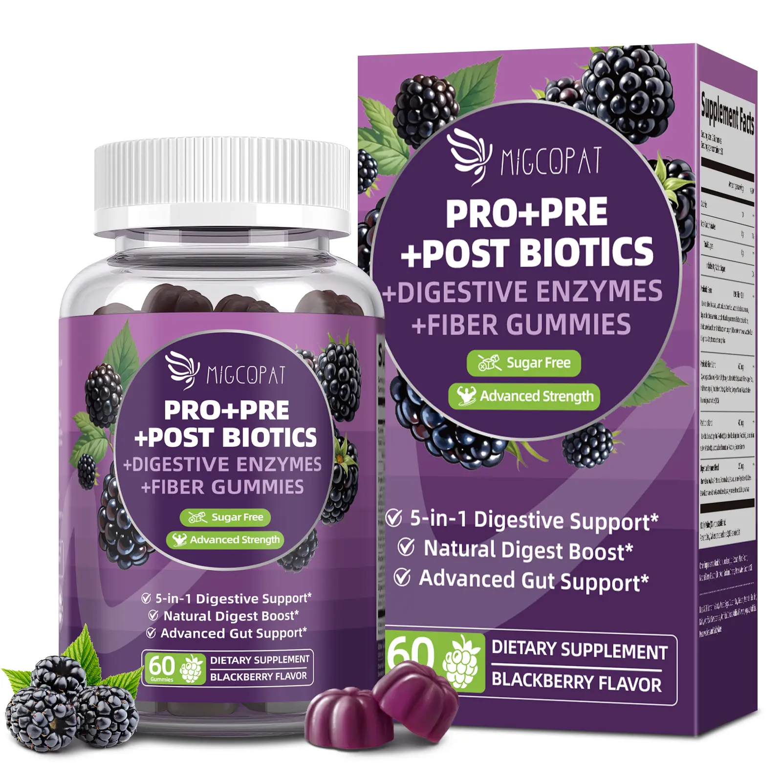 Migcopat Pre Post Probiotics Gummies, Probiotic Prebiotic Postbiotic Digestive Enzymes with Fiber, 120 Billion CFU Probiotics Complete Gut Support, Sugar Free, Vegan, BlackBerry Flavor, 60 Cts