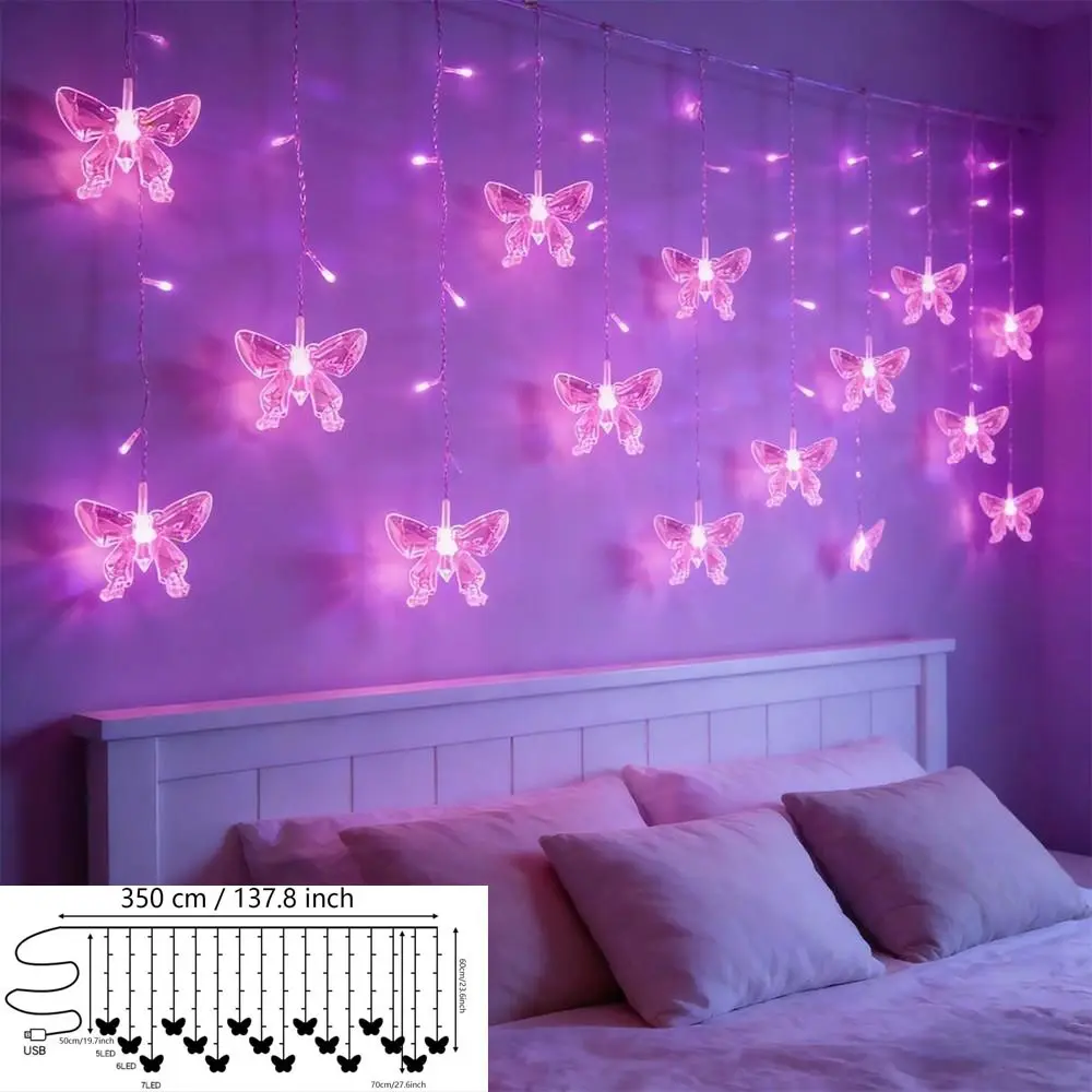 LED Butterfly Curtain String Lights with Remote Control, 8 Modes Decorative Led Light for Bedroom & Wedding, Ambiance Decoration for Valentine's Day