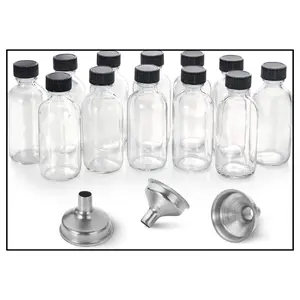 12 Pack, 2 oz Small Clear Glass Bottles w/Lid & 3 Funnels - 60ml Boston Shot Bottles for Health, Immunity, Potion, Wellness, Sample, Ginger, Juice - Mini Personal Care & Beauty Travel Bottle