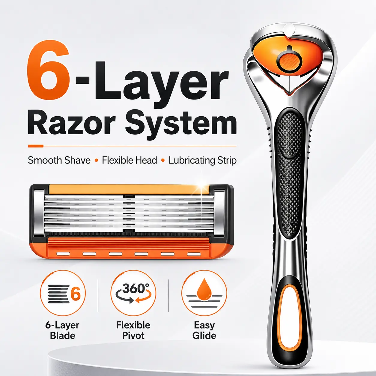 Men's 6-Blade Shaving Razors Kit Set - Daily Grooming Tool with Pivot Head, Ergonomic Ergo Grip Handle, 24 or 48 Replacement Blade Cartridges for Face/Body Use