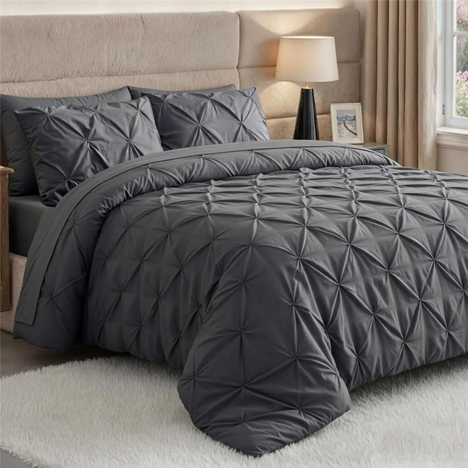 Utopia Bedding Comforter Set Pintuck 7 Piece, Grey, Bed in a Bag 2 Pillow Shams, Flat & Fitted Sheet, 2 Pillowcases, Machine Washable Comforter Bedding Set, Bed Sets | All Season, Breathable, Durable, Machine Washable